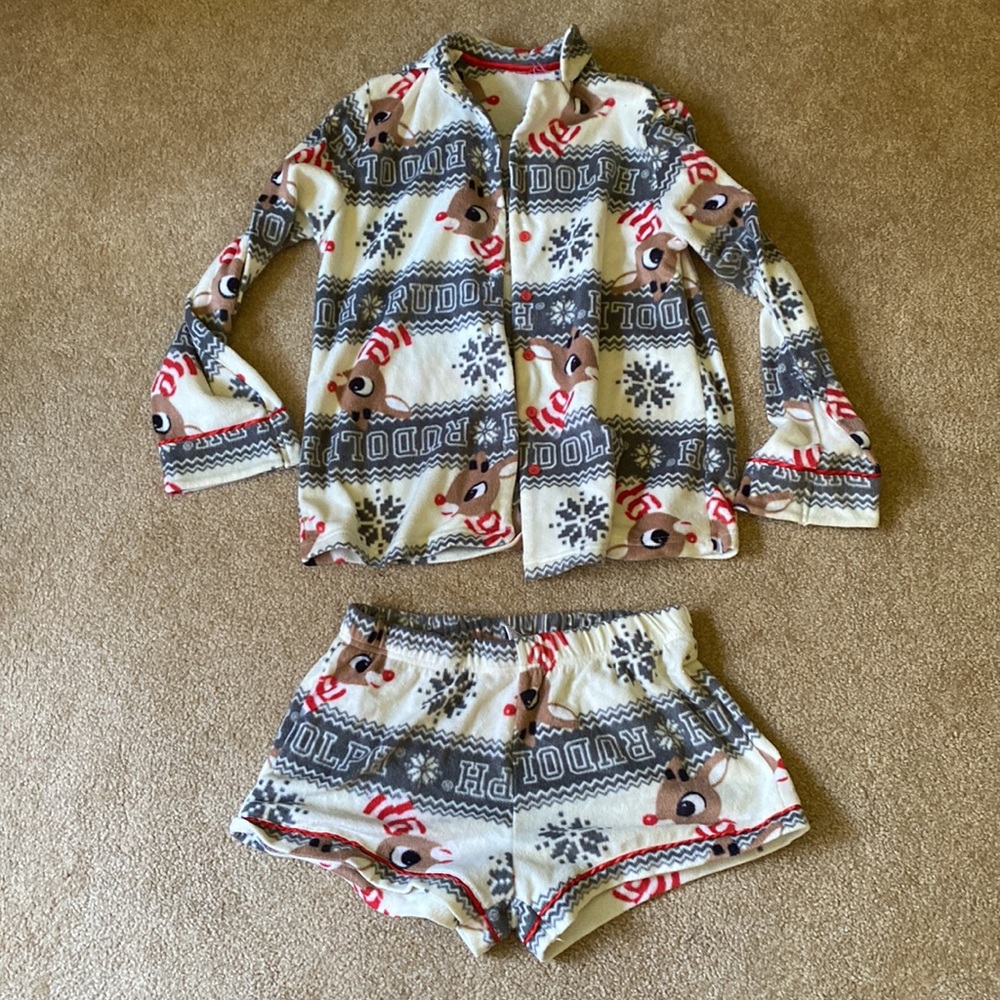 Rudolph the red nose reindeer fleece pj top shirt XS Xmas pajama set shorts